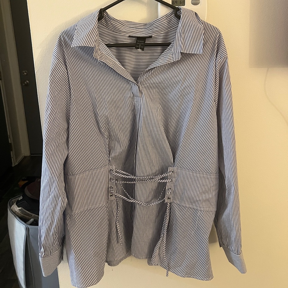 Striped Blue and White Blouse with Tie Detail
